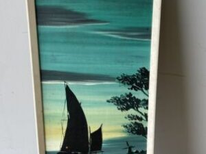Vintage Mid Century Artwork Painting Large White Frame Sailing Boat