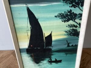 Vintage Mid Century Artwork Painting Large White Frame Sailing Boat
