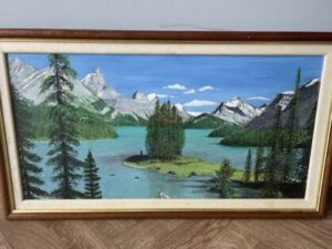 Vintage Framed Painting by Cliff Boddy of Maligne Lake Canadian Rockies