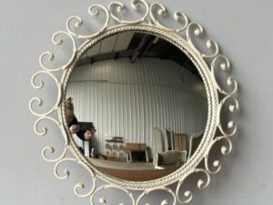 Vintage Round Convex White Wrought Iron Metal Framed Wall Mirror