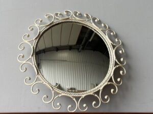 Vintage Round Convex White Wrought Iron Metal Framed Wall Mirror