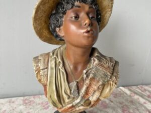 Antique Vintage 19th Century Dutch Beautiful Plaster Bust Of Young Man In Hat