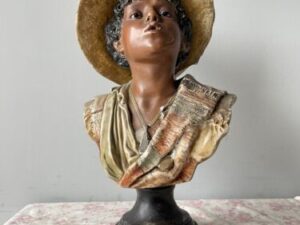 Antique Vintage 19th Century Dutch Beautiful Plaster Bust Of Young Man In Hat