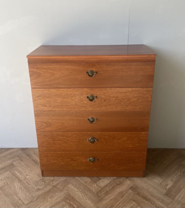 Vintage Mid Century Large Teak Chest Of 5 Drawers