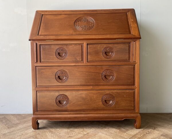 Vintage Mid Century Bureau Writing Desk Chest Of  Drawers Solid Wood Oriental