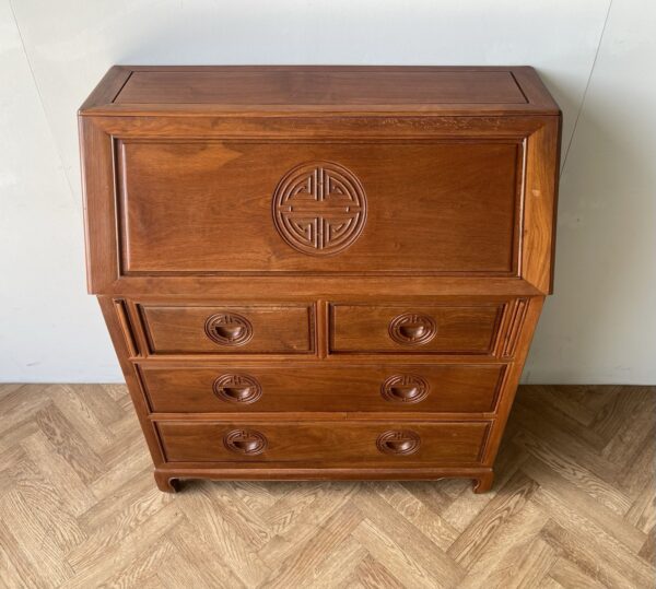 Vintage Mid Century Bureau Writing Desk Chest Of  Drawers Solid Wood Oriental - Image 2