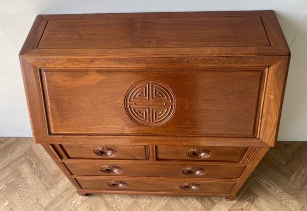 Vintage Mid Century Bureau Writing Desk Chest Of  Drawers Solid Wood Oriental - Image 3