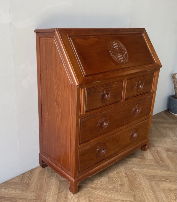 Vintage Mid Century Bureau Writing Desk Chest Of  Drawers Solid Wood Oriental - Image 4