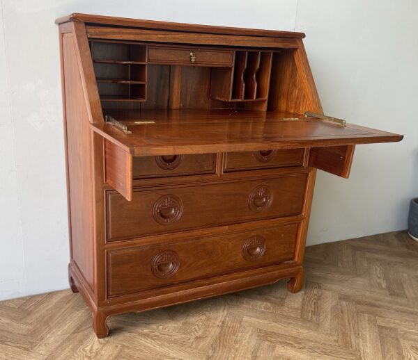 Vintage Mid Century Bureau Writing Desk Chest Of  Drawers Solid Wood Oriental - Image 5