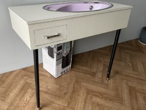 Vintage Retro Bathroom Purple Sink and Vanity Unit With Drawer