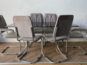 Vintage Smoked Glass and Chrome Dining Table and 6 Cantilever Chairs