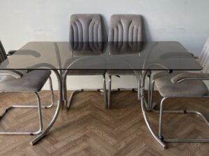 Vintage Smoked Glass and Chrome Dining Table and 6 Cantilever Chairs